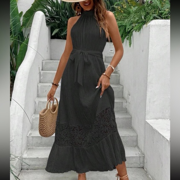 Black Contrast Guipure Sheer Mesh Lace Layered Hem Belted Halter Dress - Picture 9 of 10